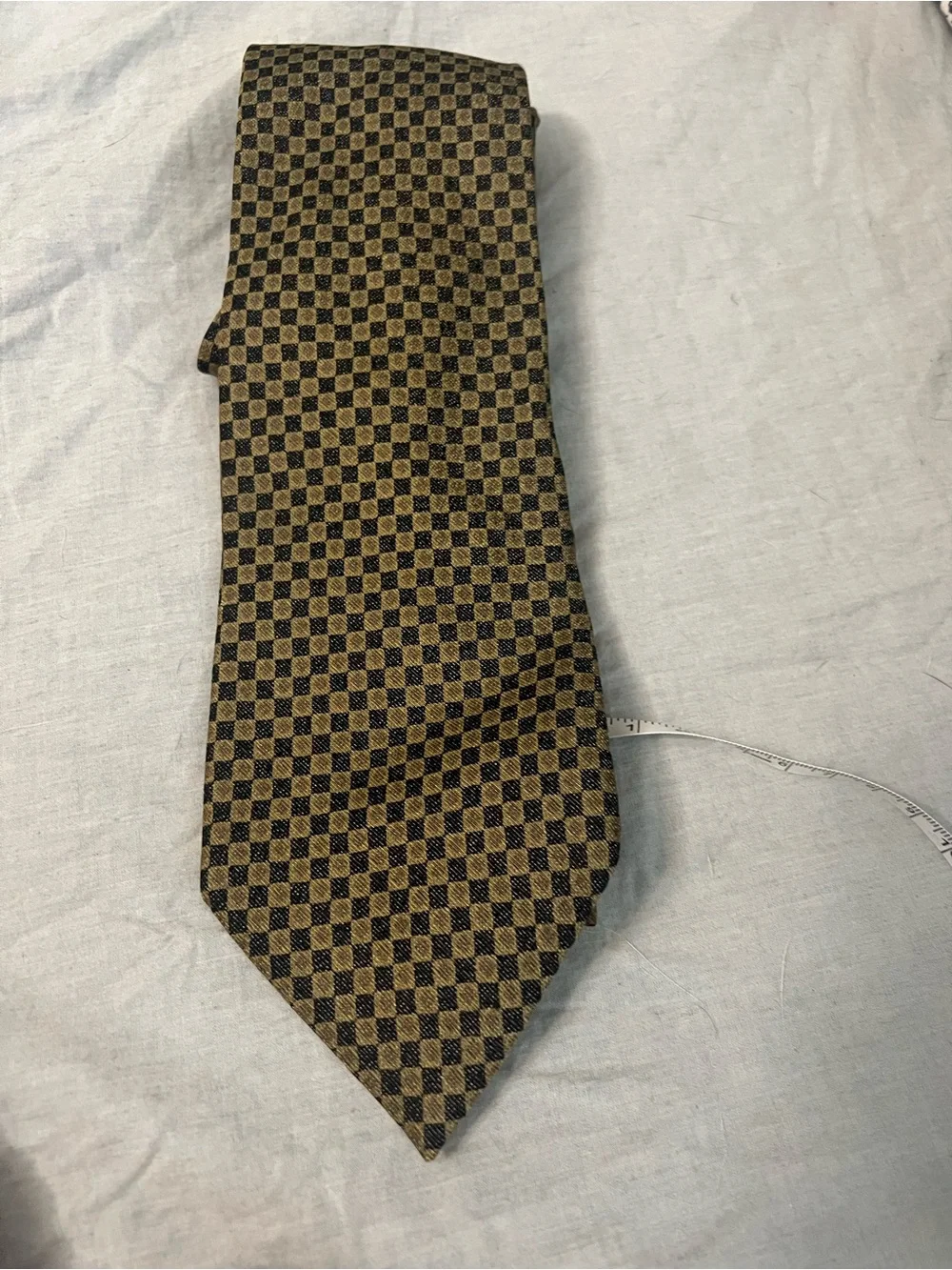 Barneys New York Antique Gold Brown and Black Checkerboard Silk Tie